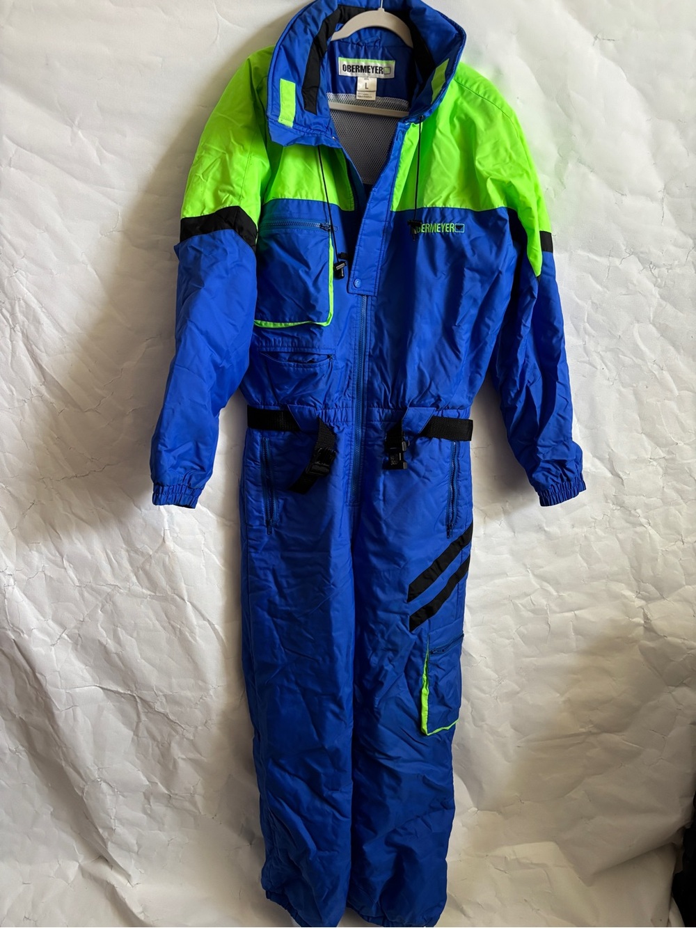 Obermeyer Neon Green & Royal Blue One-Piece Ski Suit Men Large Sz